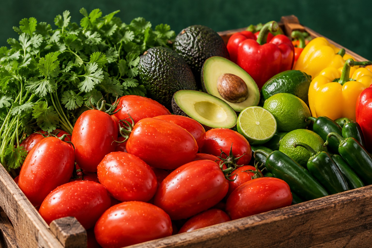 Fresh tomatoes, avocados, peppers, limes, and cilantro arranged in a produce crate